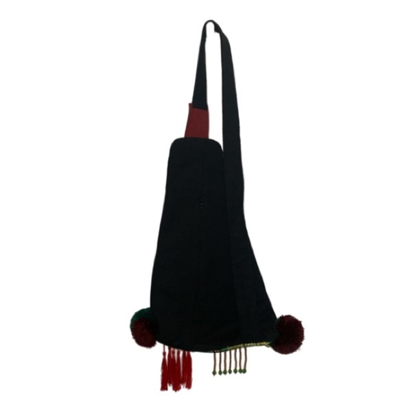 Ethnic Handmade Embroidery Black Floral Sling Bag With Tassels, Pom Poms & Beads - Picture 3 of 8